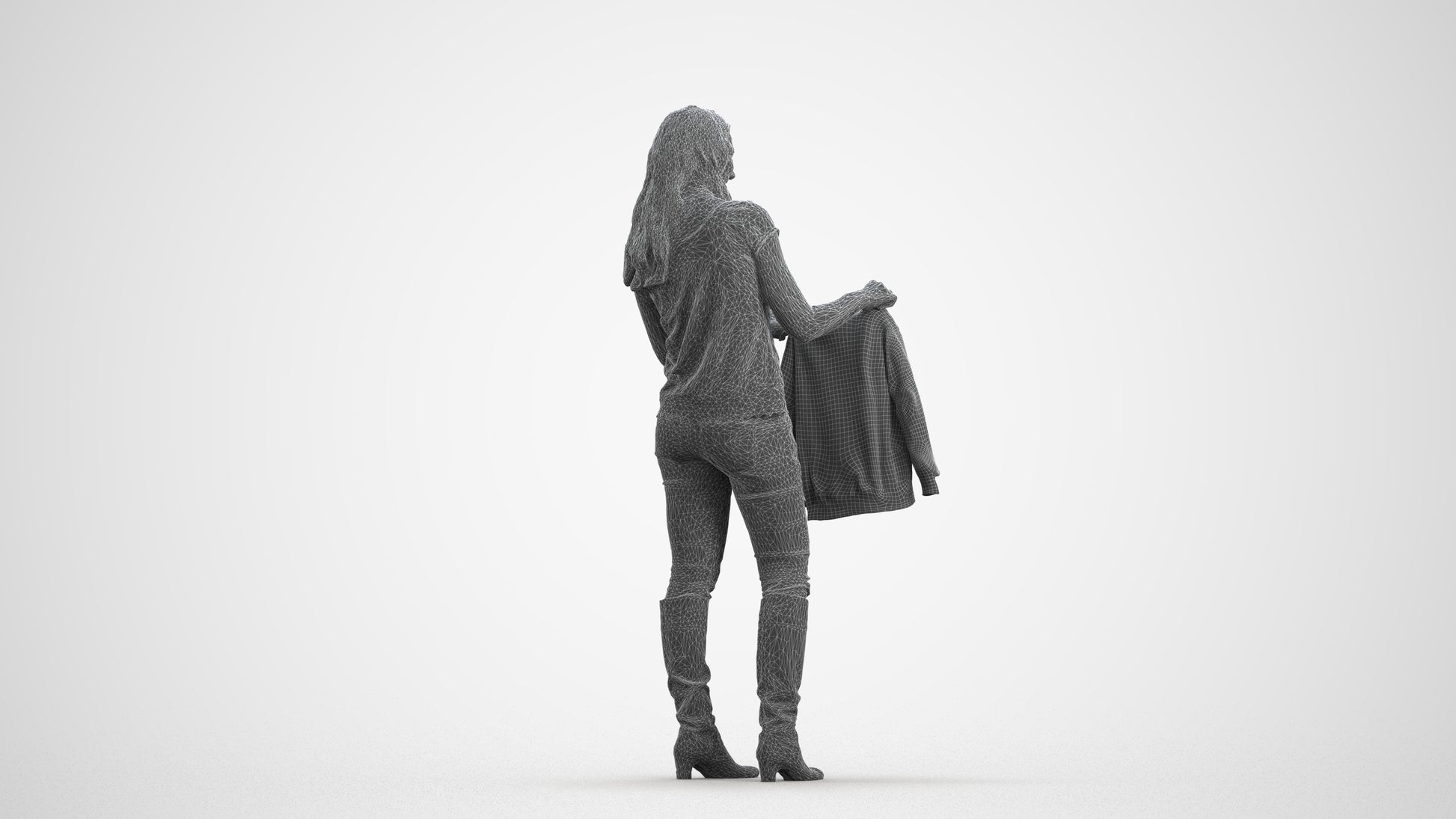 3D people model woman casual standing, scanned human for 3ds Max rendering, wireframe front view