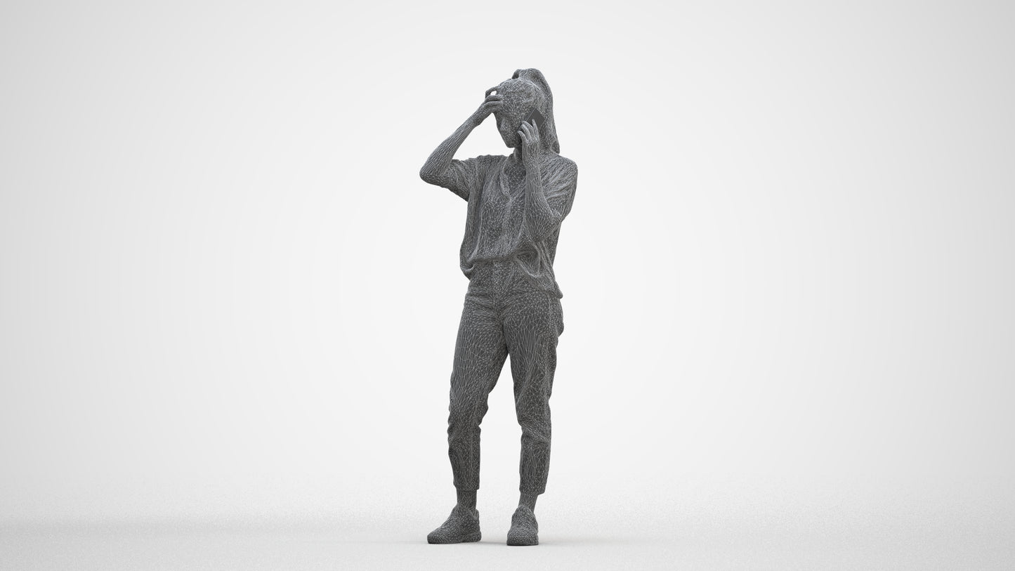 3D scanned woman standing casual, photorealistic archviz people for Enscape and SketchUp, three-quarter front view render