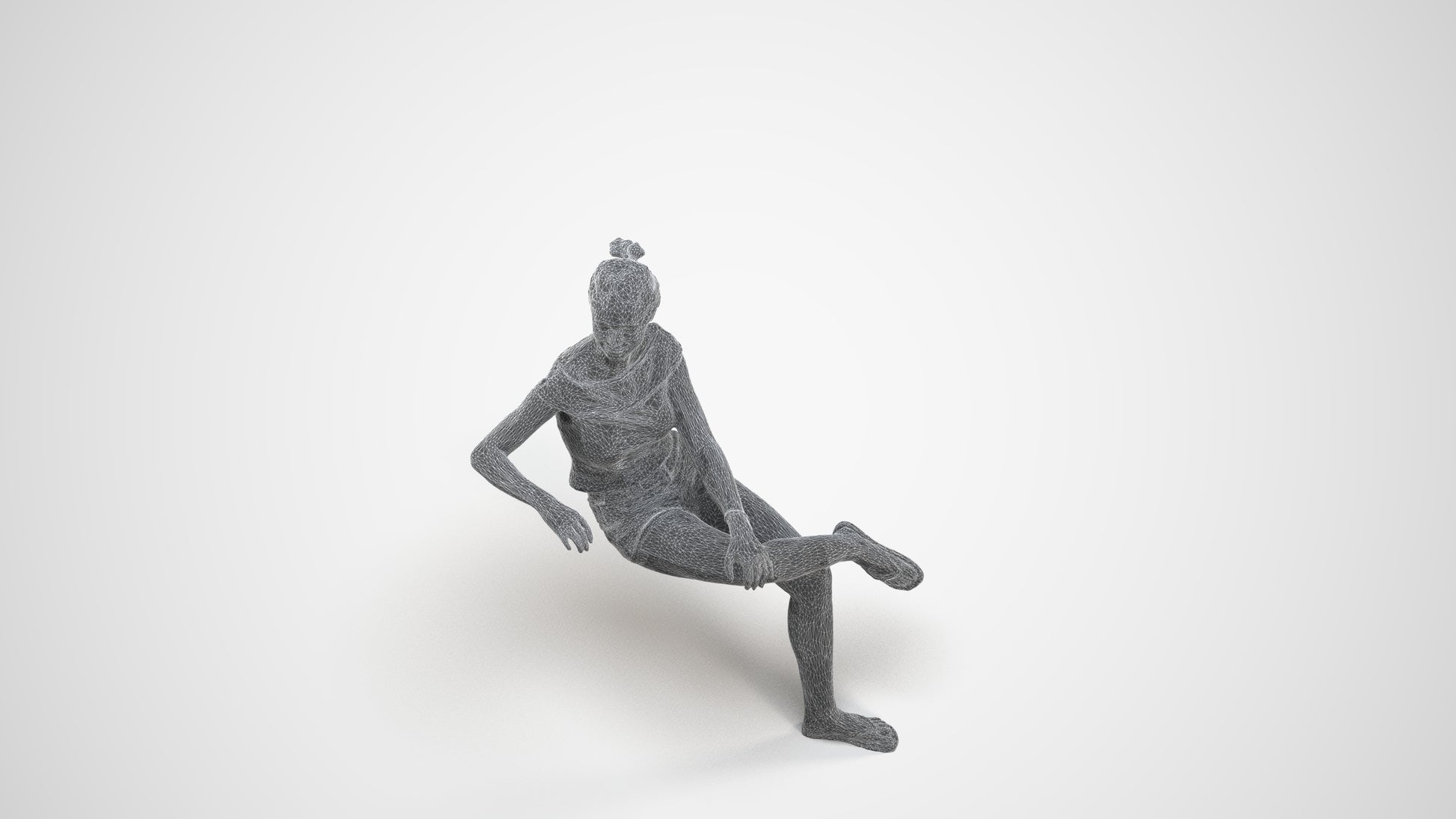 3D scanned girl sitting casual, photorealistic archviz people for Enscape and SketchUp, wireframe three-quarter view