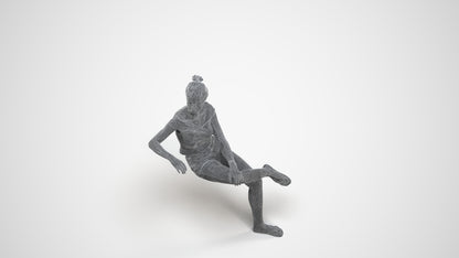 3D scanned girl sitting casual, photorealistic archviz people for Enscape and SketchUp, wireframe three-quarter view