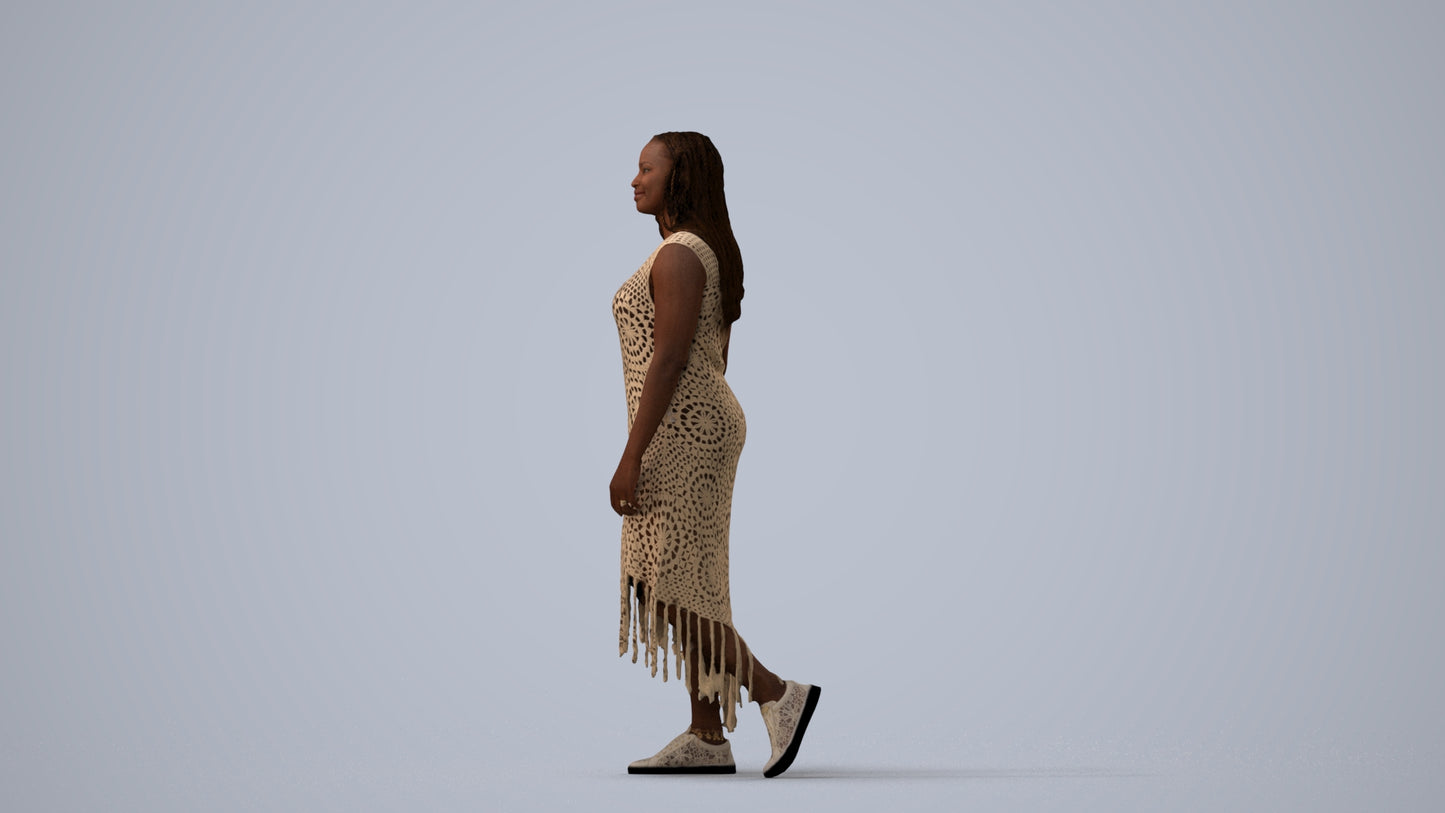 3D human model woman casual standing, photogrammetry scanned person for archviz, three-quarter view render