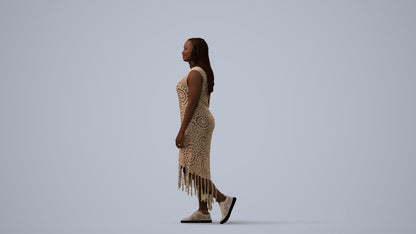 3D human model woman casual standing, photogrammetry scanned person for archviz, three-quarter view render