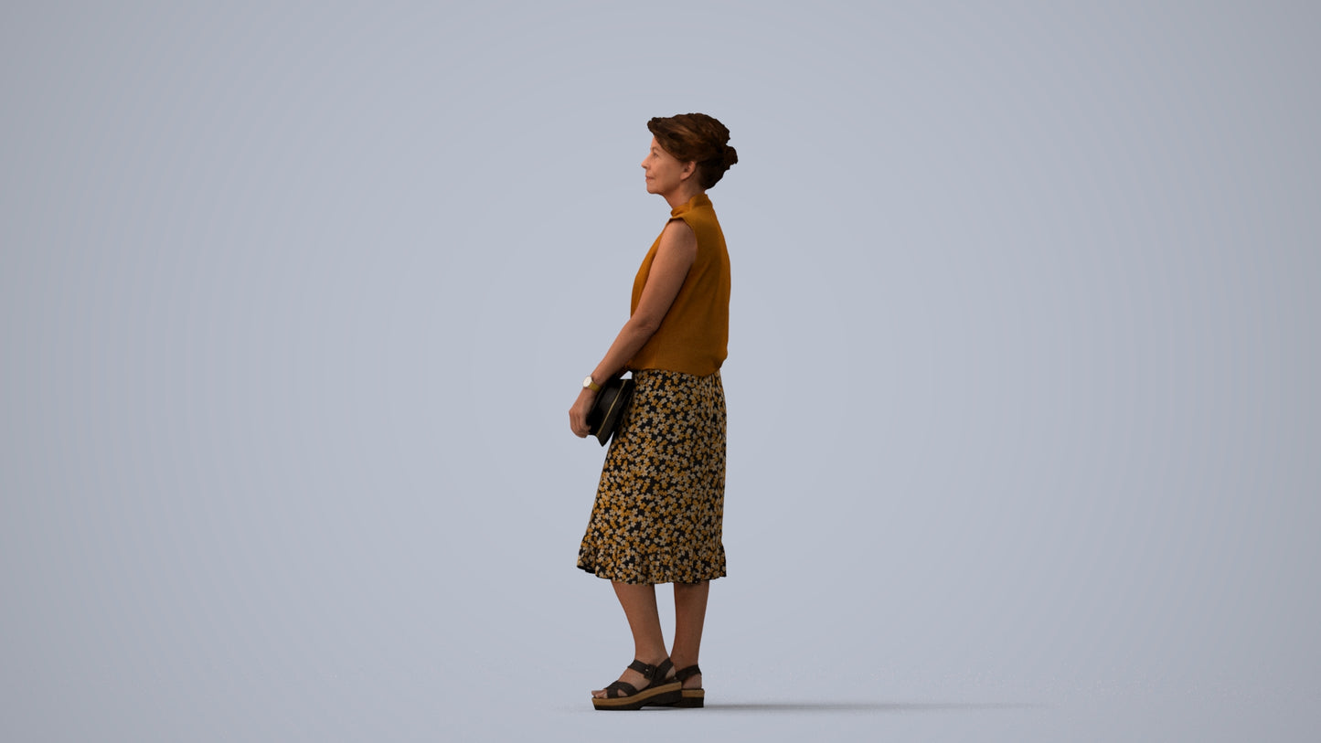 3D human model woman casual standing, photogrammetry scanned person for archviz, three-quarter view render