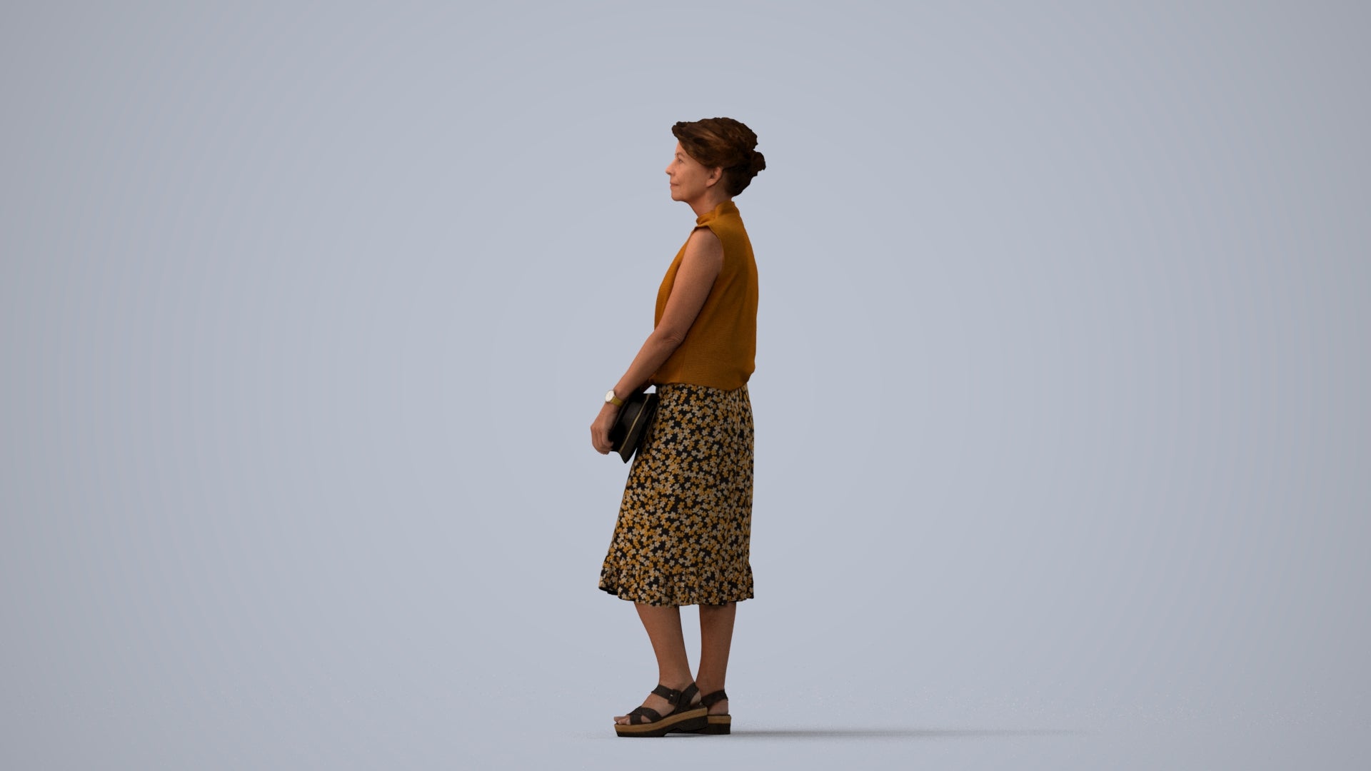 3D human model woman casual standing, photogrammetry scanned person for archviz, three-quarter view render
