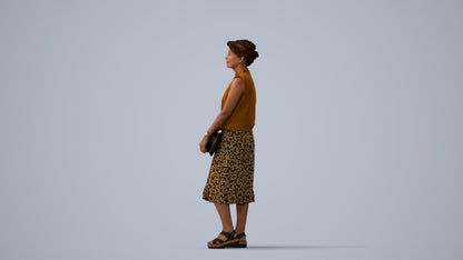 3D human model woman casual standing, photogrammetry scanned person for archviz, three-quarter view render