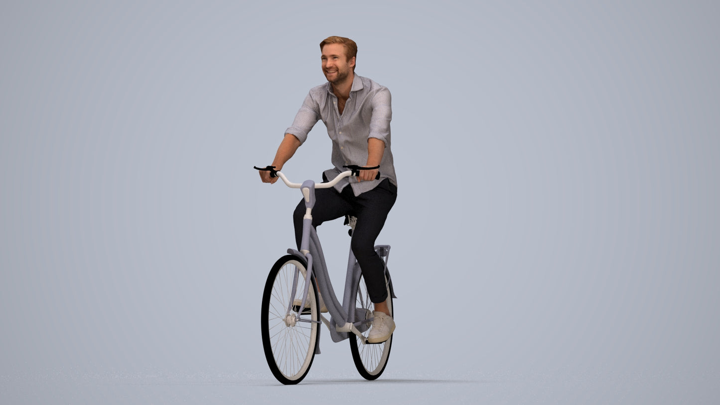 realistic 3D man casual cycling, scanned archviz people for Blender and 3ds Max, top-down view render