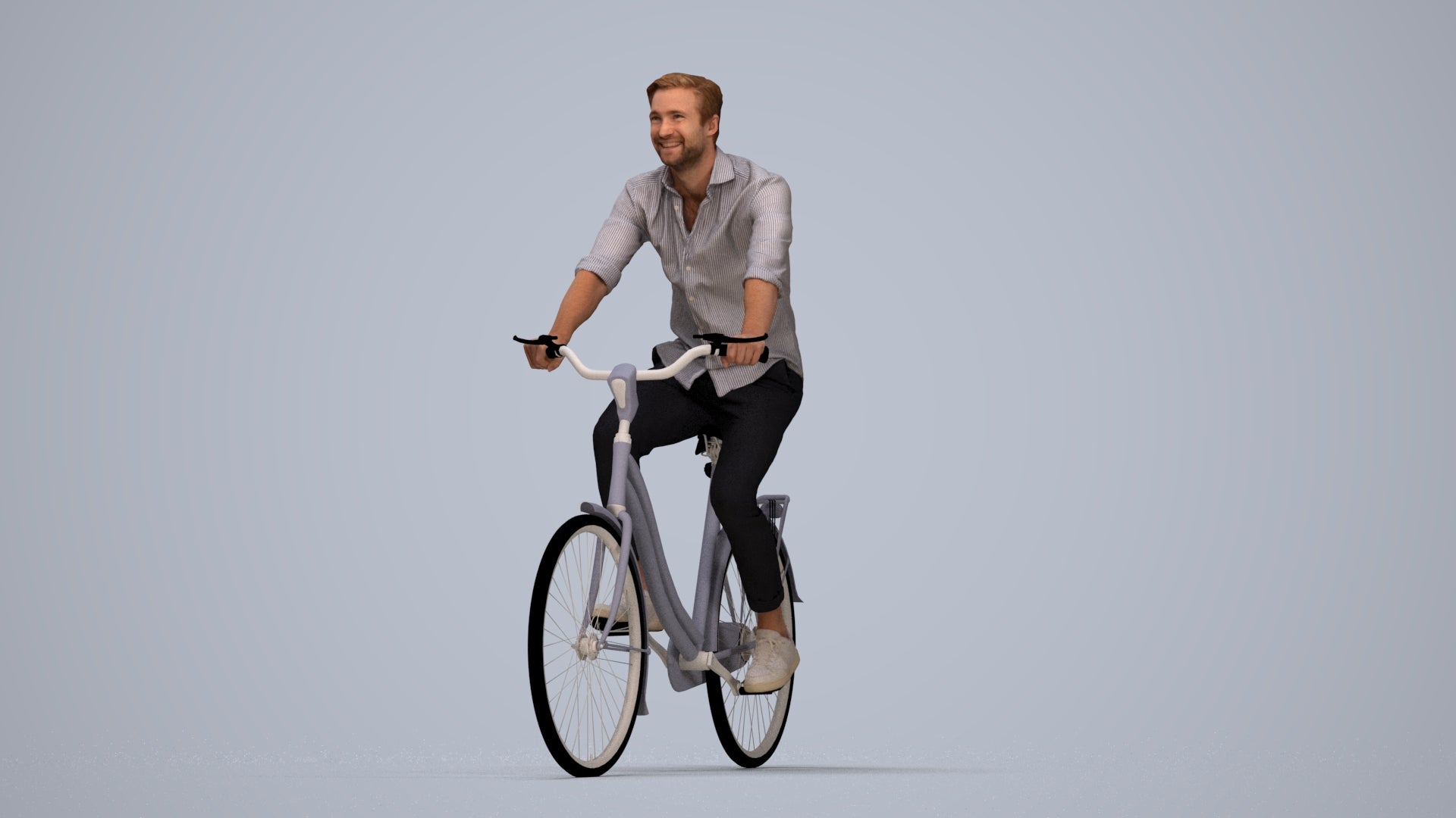 realistic 3D man casual cycling, scanned archviz people for Blender and 3ds Max, top-down view render