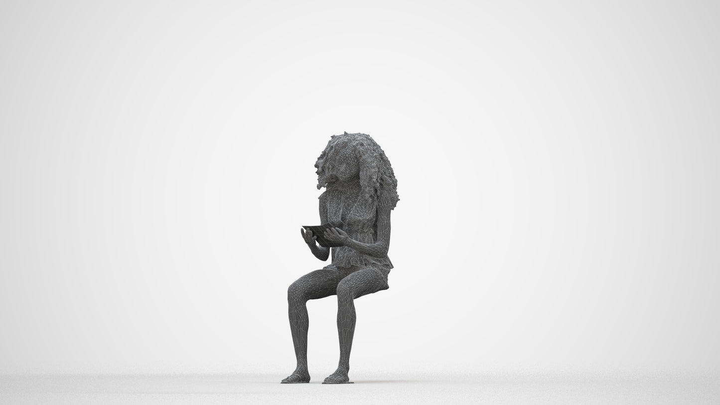 realistic 3D woman casual sitting, scanned archviz people for Blender and 3ds Max, wireframe back view