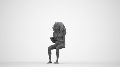 realistic 3D woman casual sitting, scanned archviz people for Blender and 3ds Max, wireframe back view