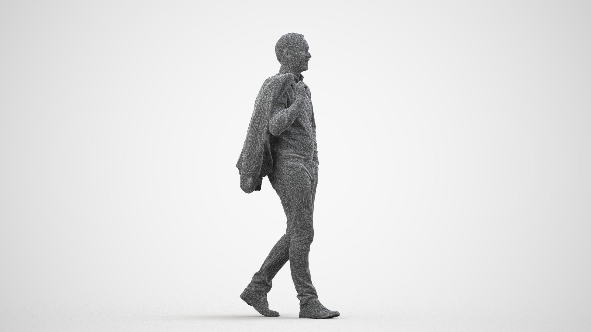 realistic 3D man business standing, scanned archviz people for Blender and 3ds Max, wireframe side view