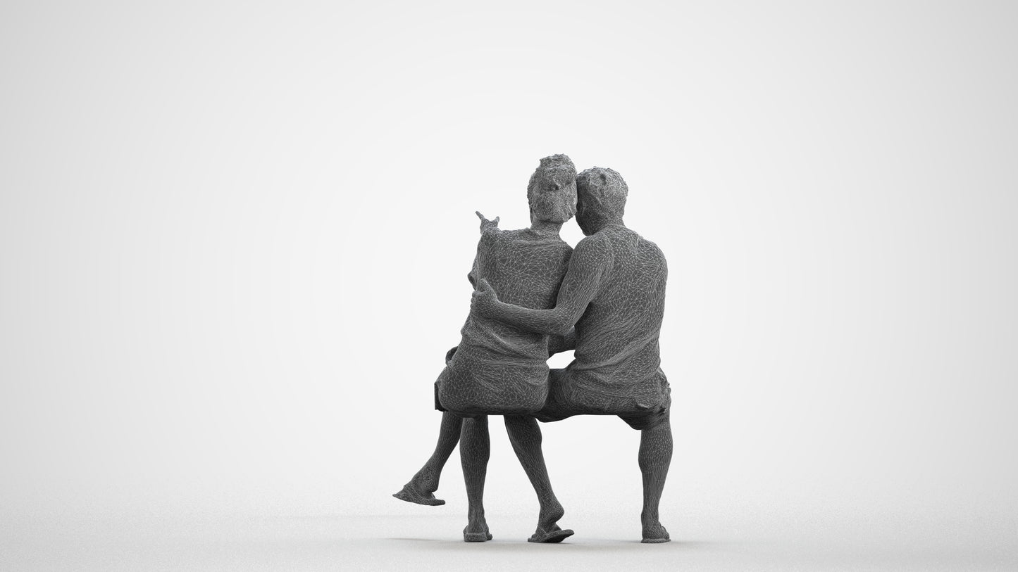 3D human model woman casual couple, photogrammetry scanned person for archviz, wireframe front view