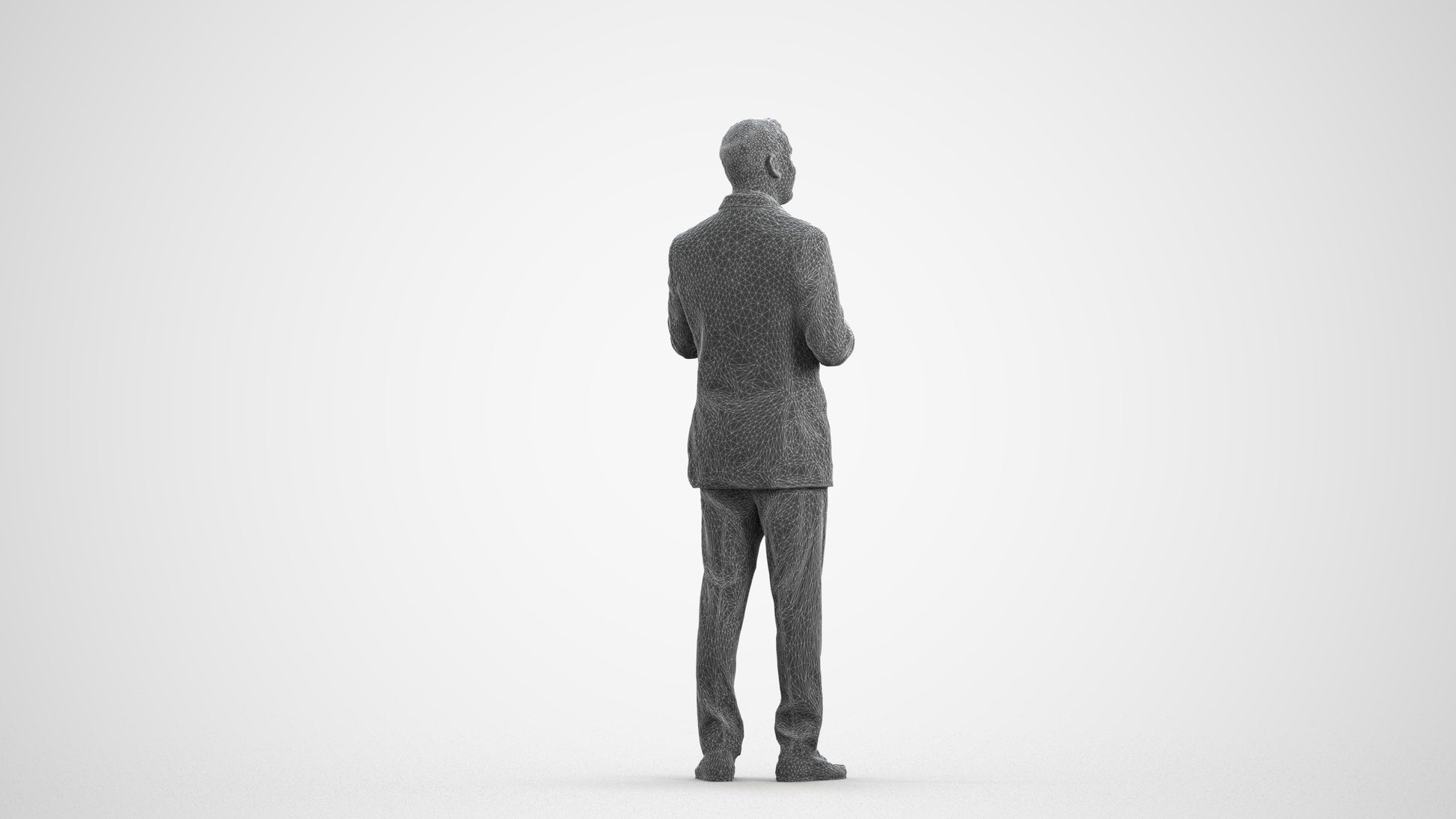 3D human model man formal standing, photogrammetry scanned person for archviz, wireframe front view