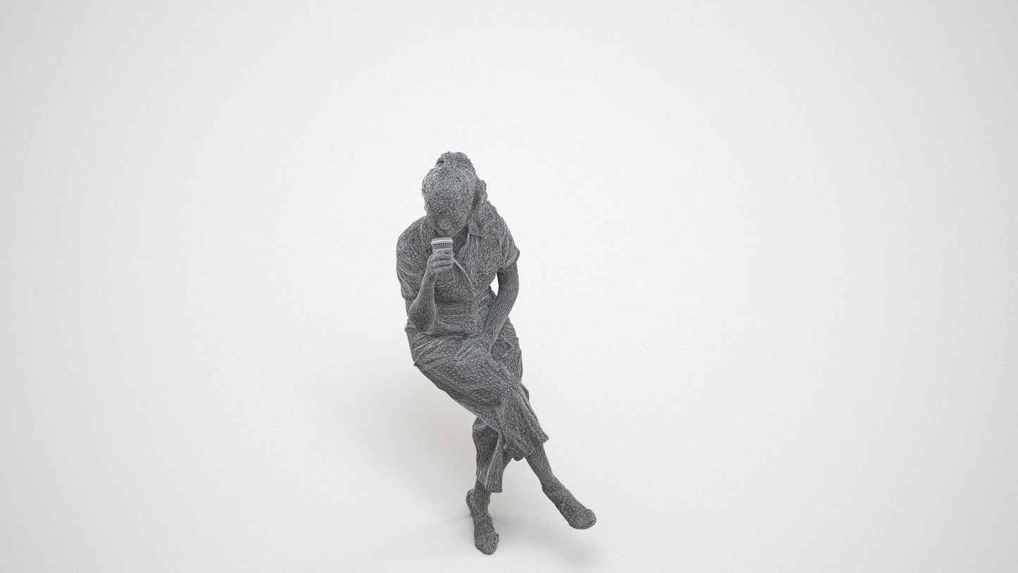 3D scanned woman sitting formal, photorealistic archviz people for Enscape and SketchUp, wireframe three-quarter view