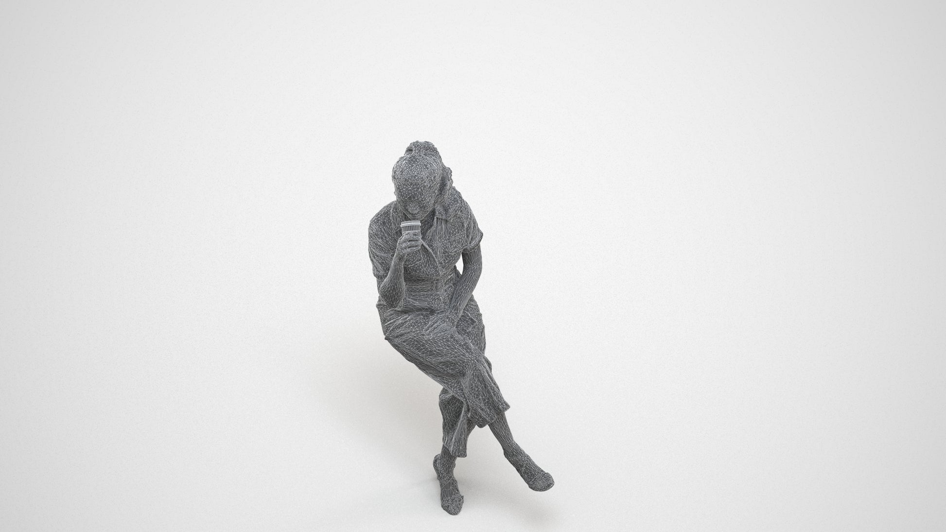 3D scanned woman sitting formal, photorealistic archviz people for Enscape and SketchUp, wireframe three-quarter view