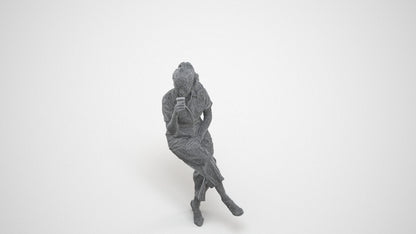 3D scanned woman sitting formal, photorealistic archviz people for Enscape and SketchUp, wireframe three-quarter view