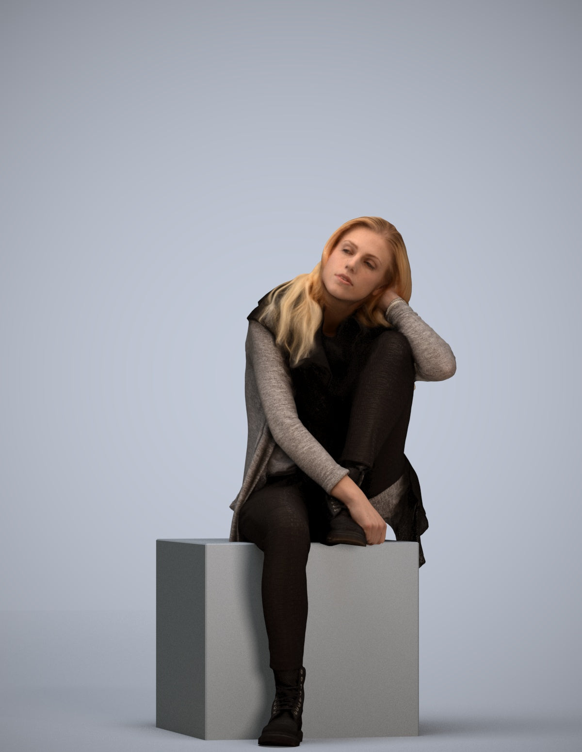 3D scanned woman sitting casual, photorealistic archviz people for Enscape and SketchUp