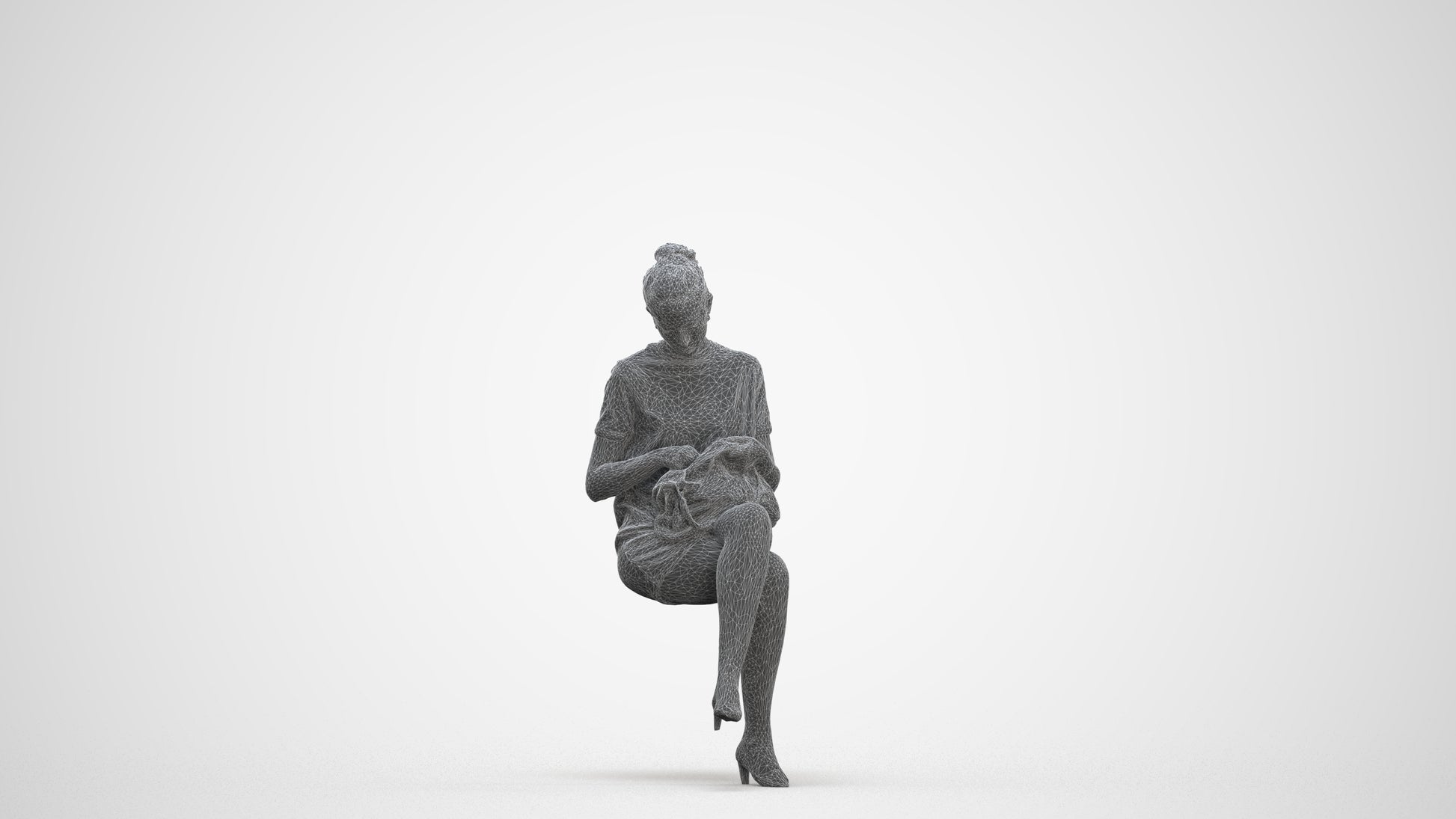3D scanned woman sitting casual, photorealistic archviz people for Enscape and SketchUp, three-quarter front view render