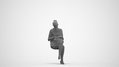 3D scanned woman sitting casual, photorealistic archviz people for Enscape and SketchUp, three-quarter front view render