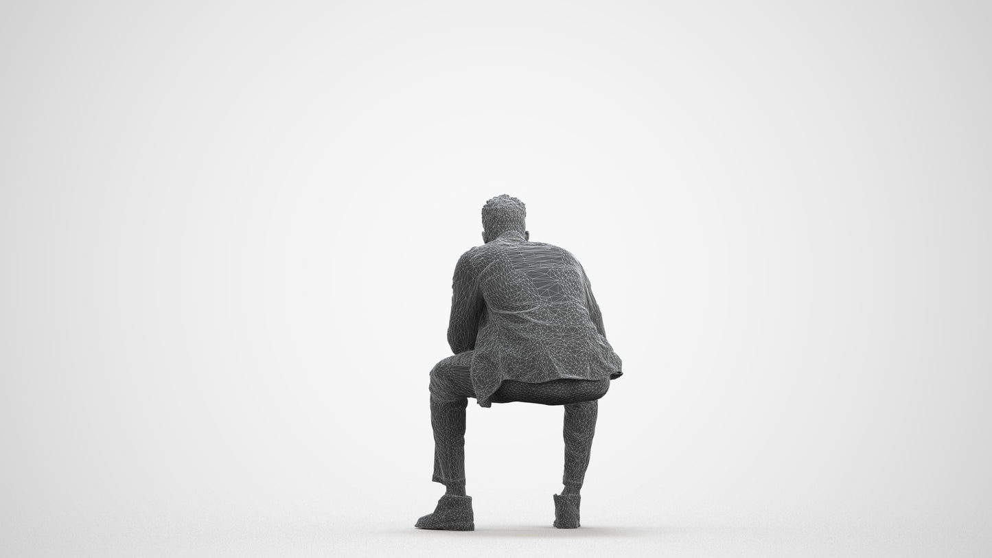 3D human model man casual sitting, photogrammetry scanned person for archviz, wireframe front view
