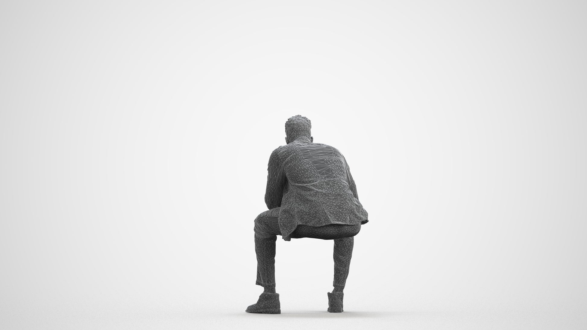 3D human model man casual sitting, photogrammetry scanned person for archviz, wireframe front view