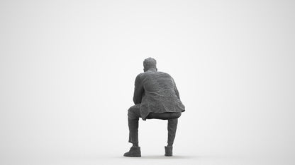 3D human model man casual sitting, photogrammetry scanned person for archviz, wireframe front view