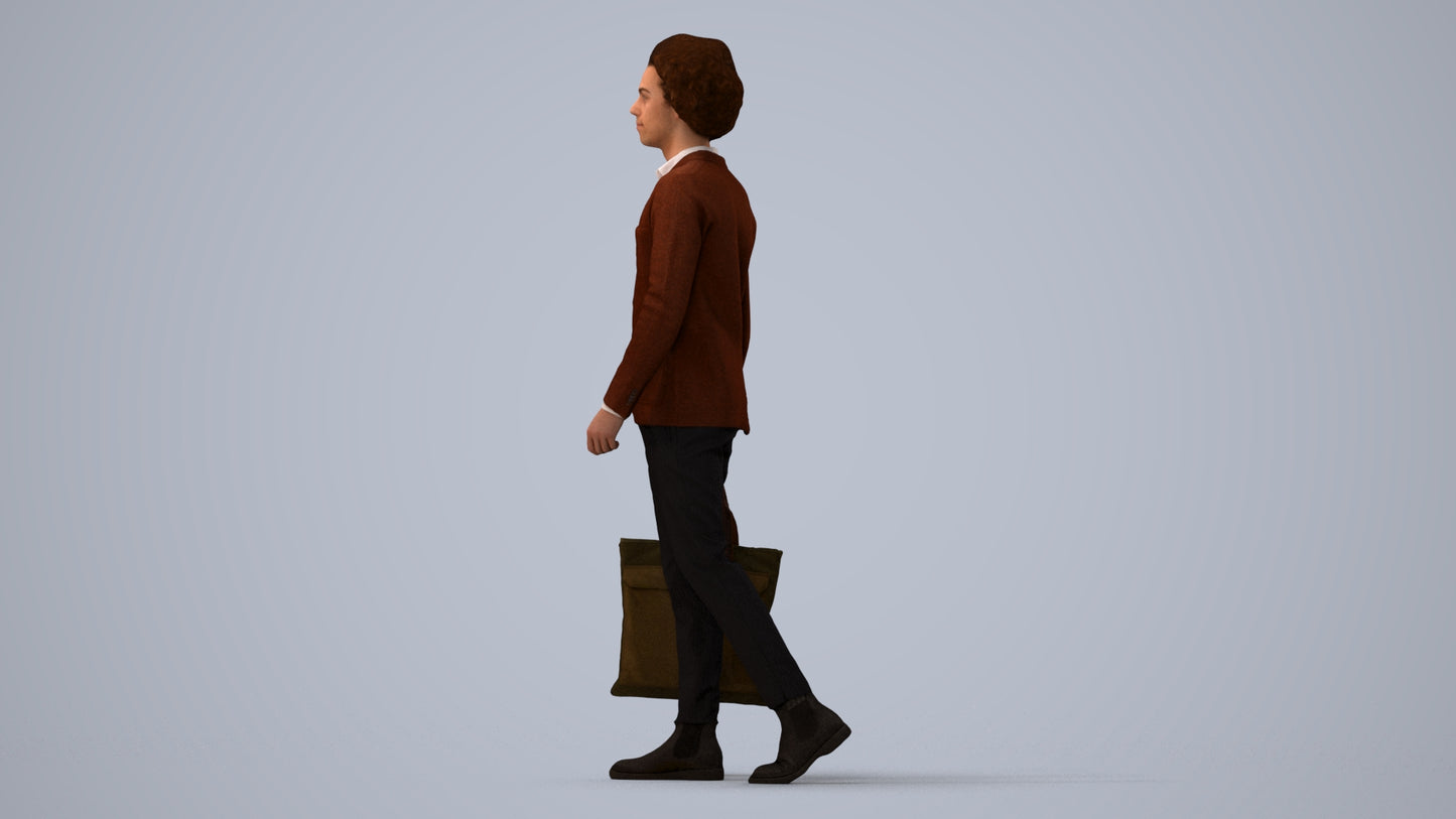 3D human model man business walking, photogrammetry scanned person for archviz, three-quarter view render