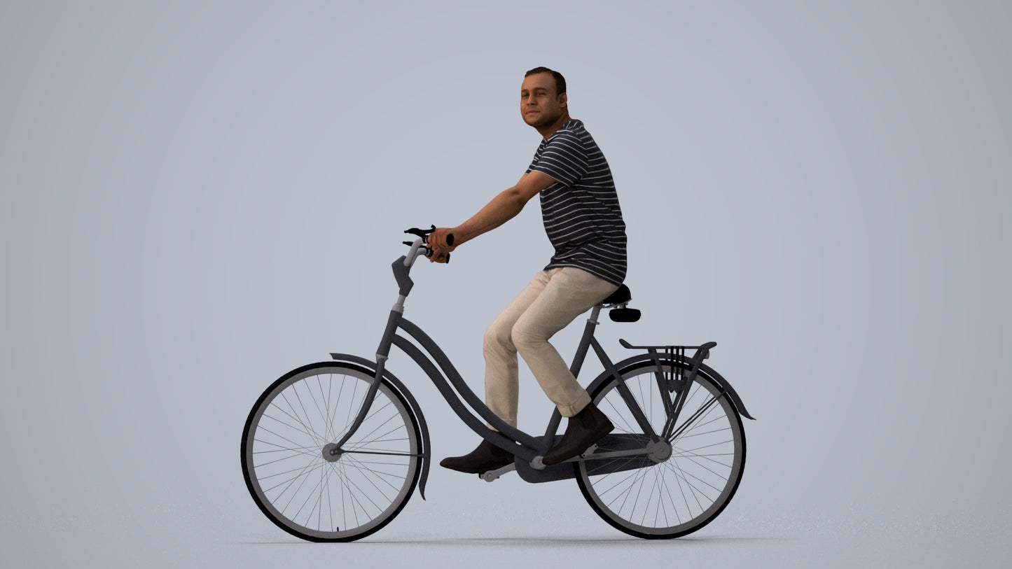 scanned 3D man casual cycling, photogrammetry people for Enscape and V-Ray, three-quarter view render