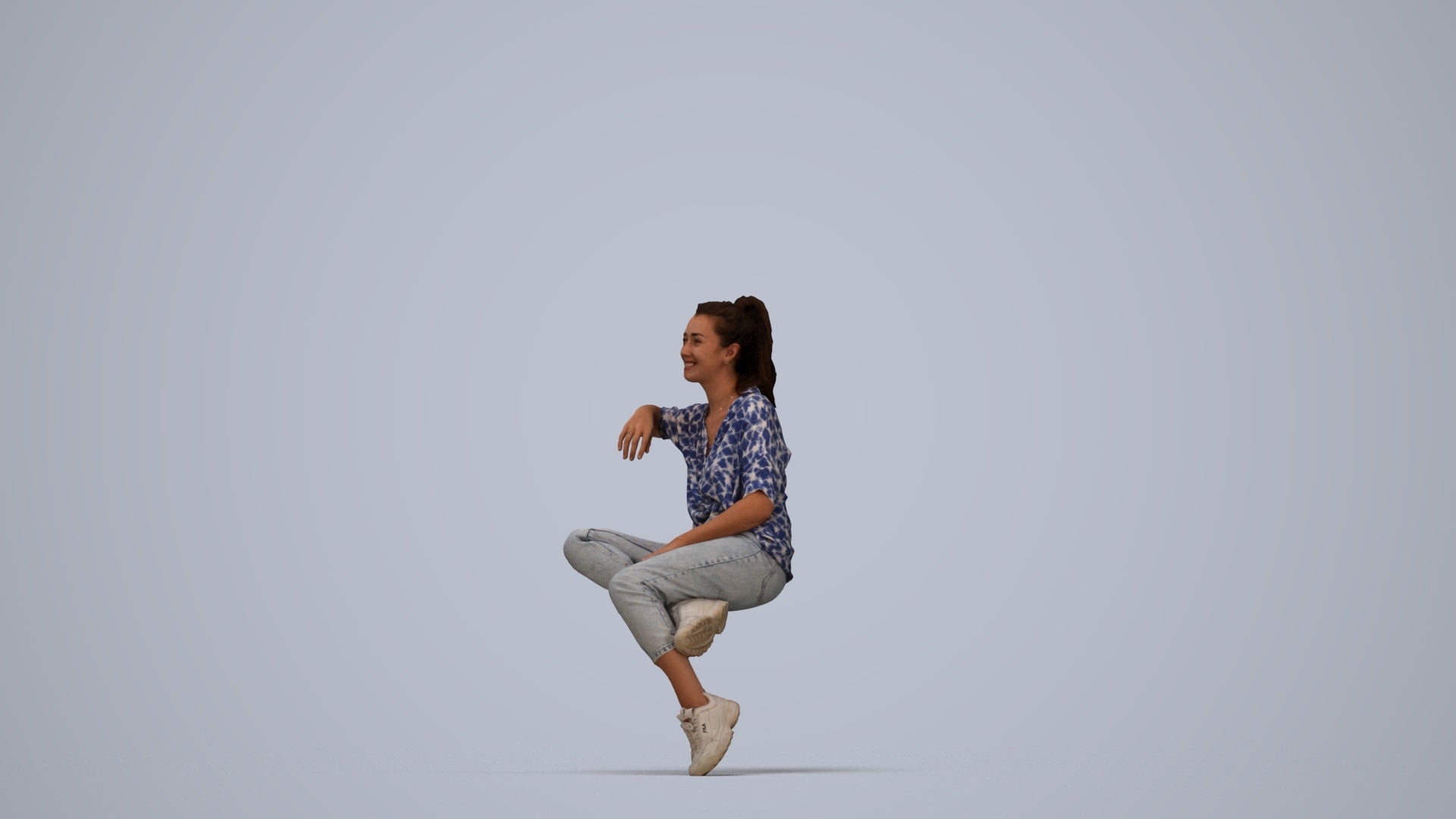 scanned 3D woman casual sitting, photogrammetry people for Enscape and V-Ray, top-down view render