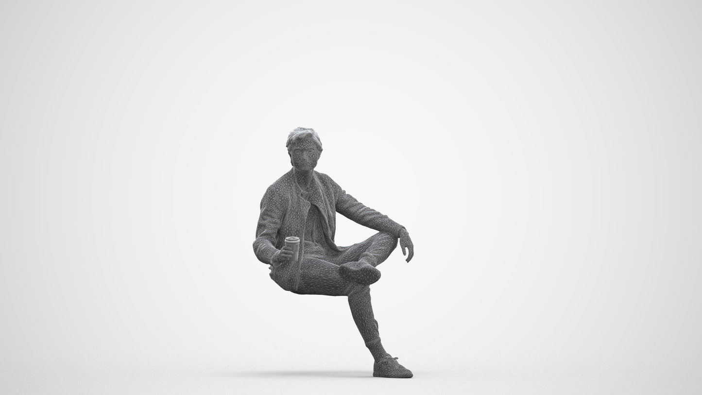 realistic 3D people man casual sitting, render-ready for V-Ray and Corona, FBX OBJ, three-quarter front view render