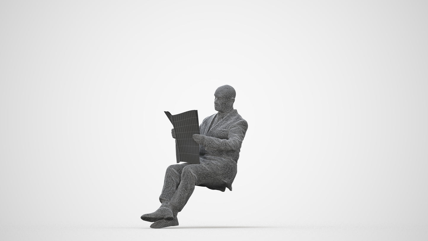 realistic 3D people senior man business sitting, render-ready for V-Ray and Corona, FBX OBJ, wireframe back view