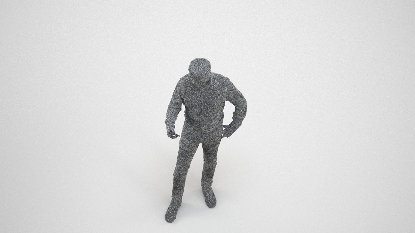 3D scanned man standing business, photorealistic archviz people for Enscape and SketchUp, wireframe three-quarter view