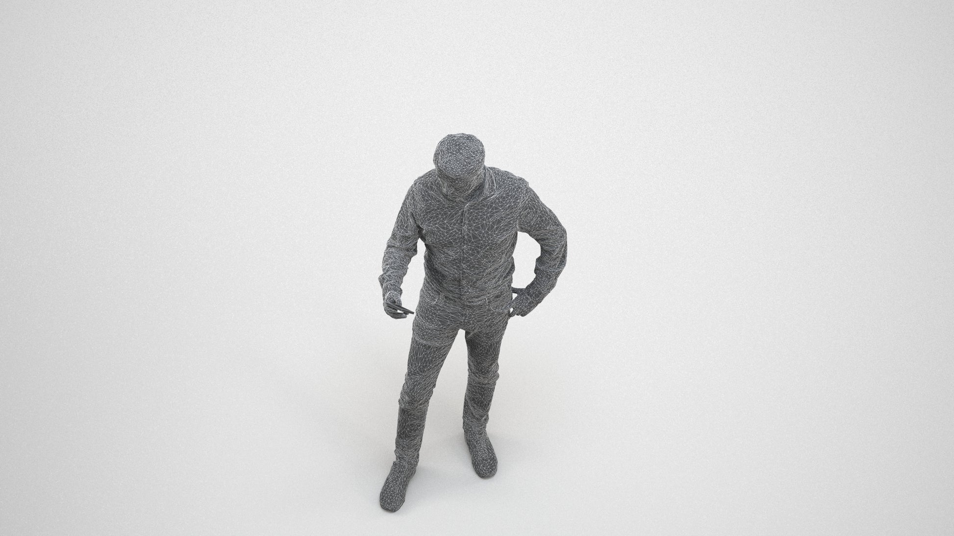 3D scanned man standing business, photorealistic archviz people for Enscape and SketchUp, wireframe three-quarter view