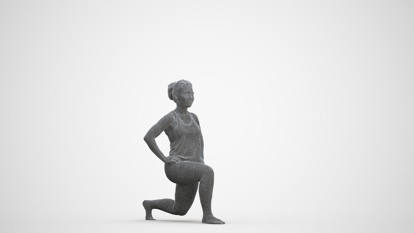 3D human model woman sport, photogrammetry scanned person for archviz, three-quarter front view render