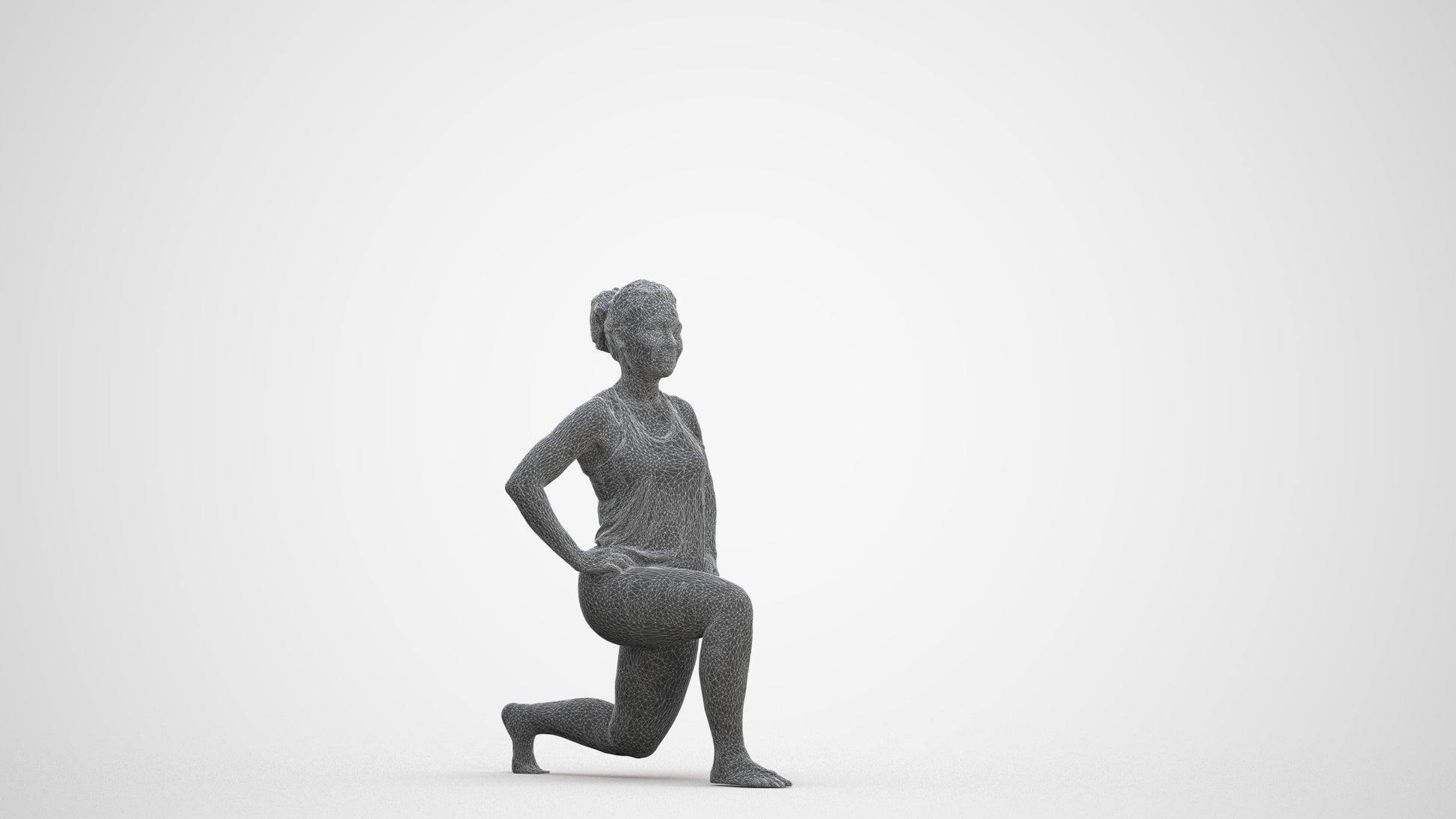 3D human model woman sport, photogrammetry scanned person for archviz, three-quarter front view render
