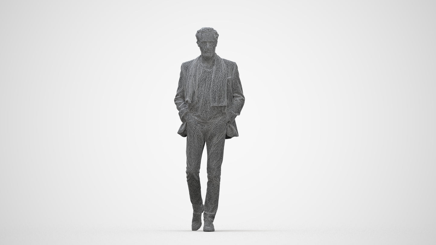 realistic 3D man business standing, scanned archviz people for Blender and 3ds Max, wireframe back view