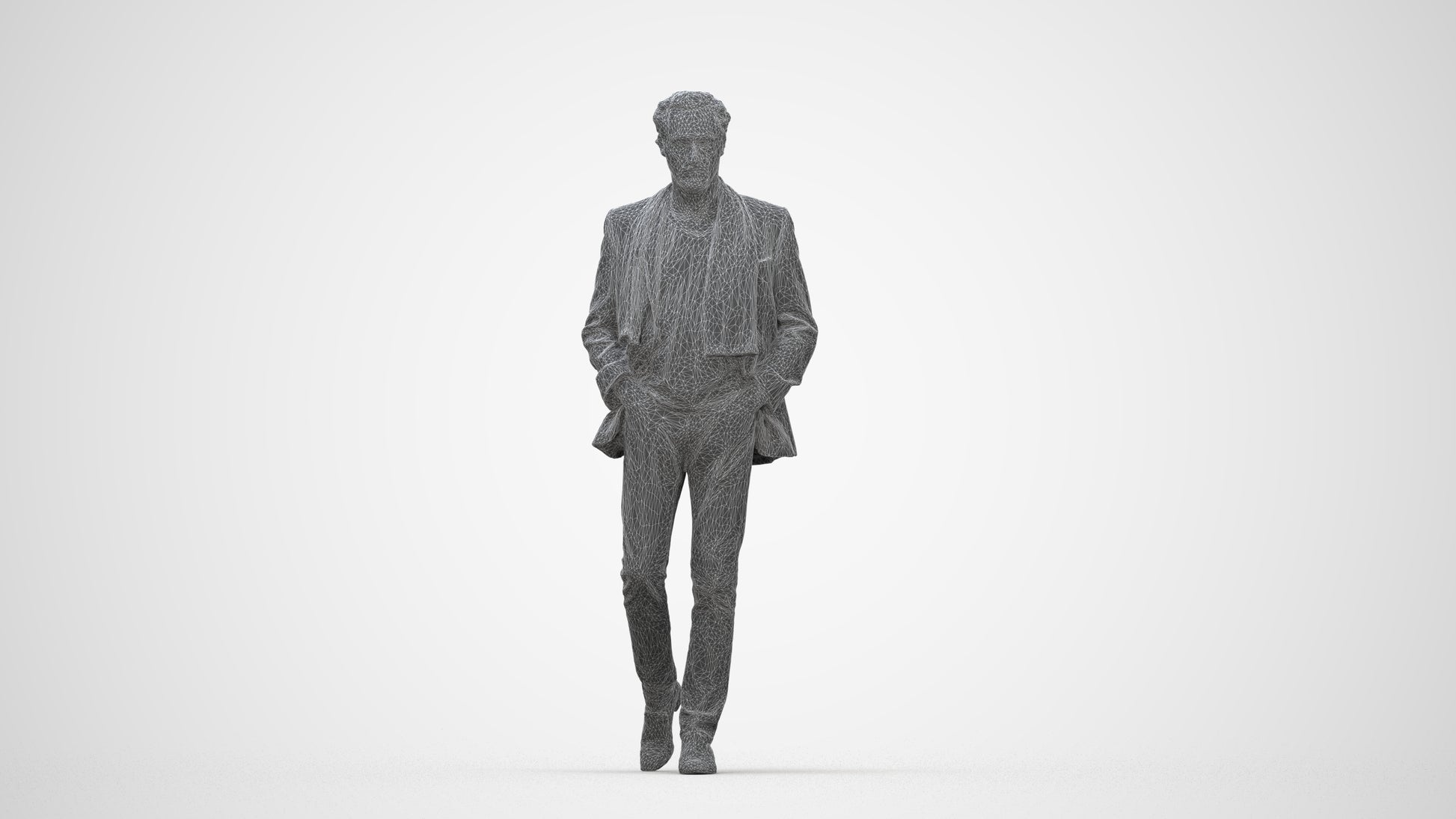 realistic 3D man business standing, scanned archviz people for Blender and 3ds Max, wireframe back view
