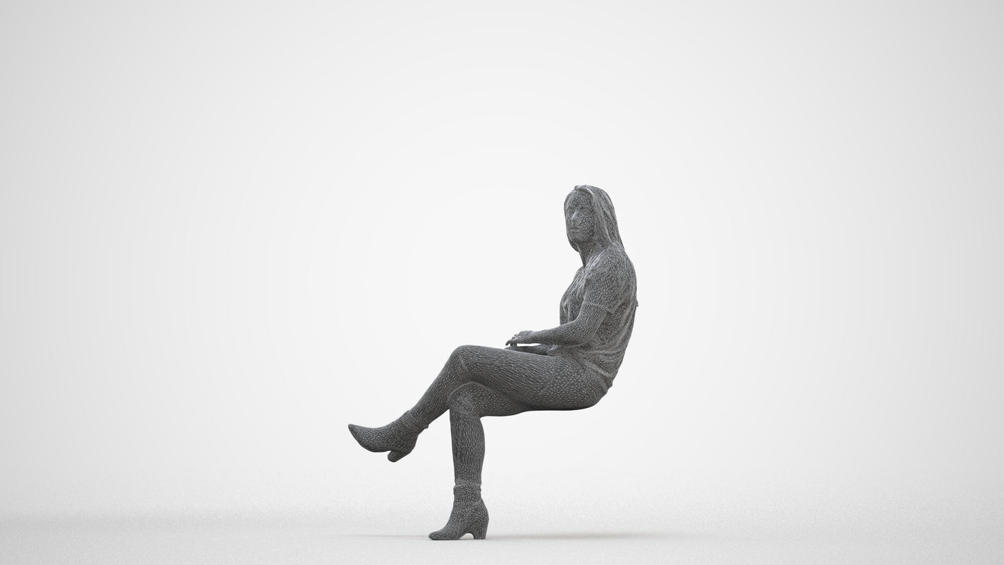 realistic 3D people woman casual sitting, render-ready for V-Ray and Corona, FBX OBJ, three-quarter front view render