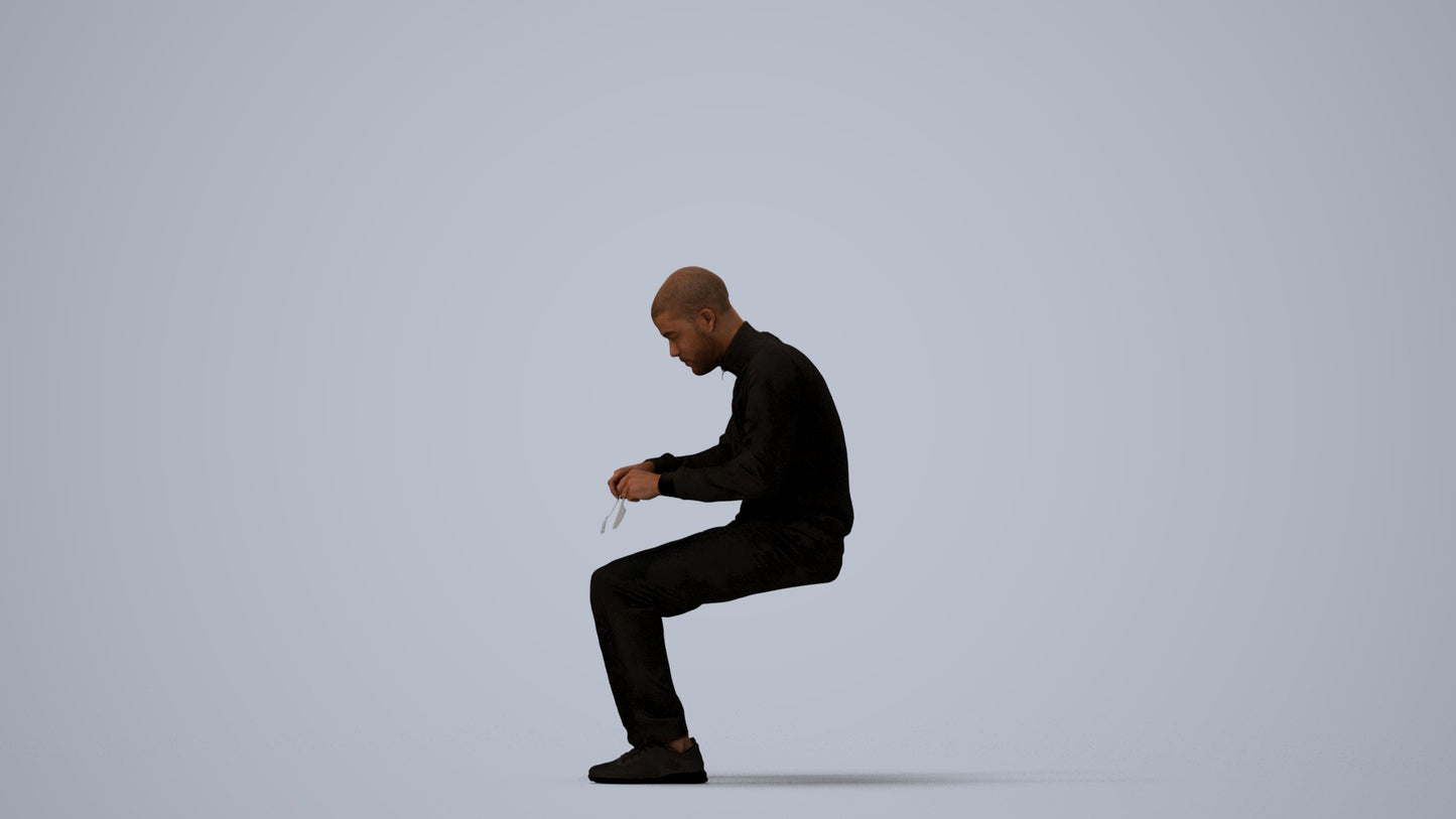 3D human model man casual sitting, photogrammetry scanned person for archviz, three-quarter view render