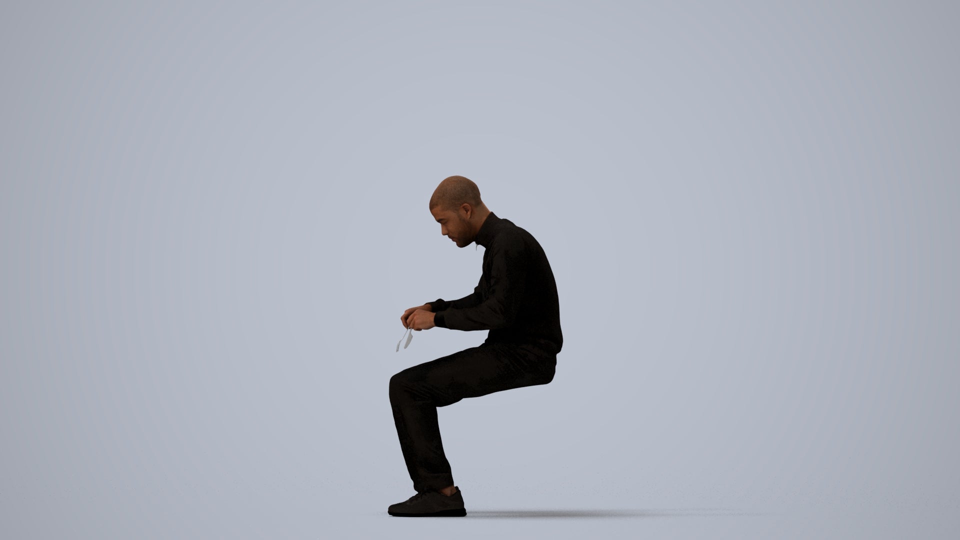 3D human model man casual sitting, photogrammetry scanned person for archviz, three-quarter view render