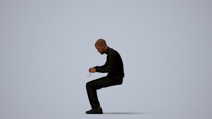 3D human model man casual sitting, photogrammetry scanned person for archviz, three-quarter view render