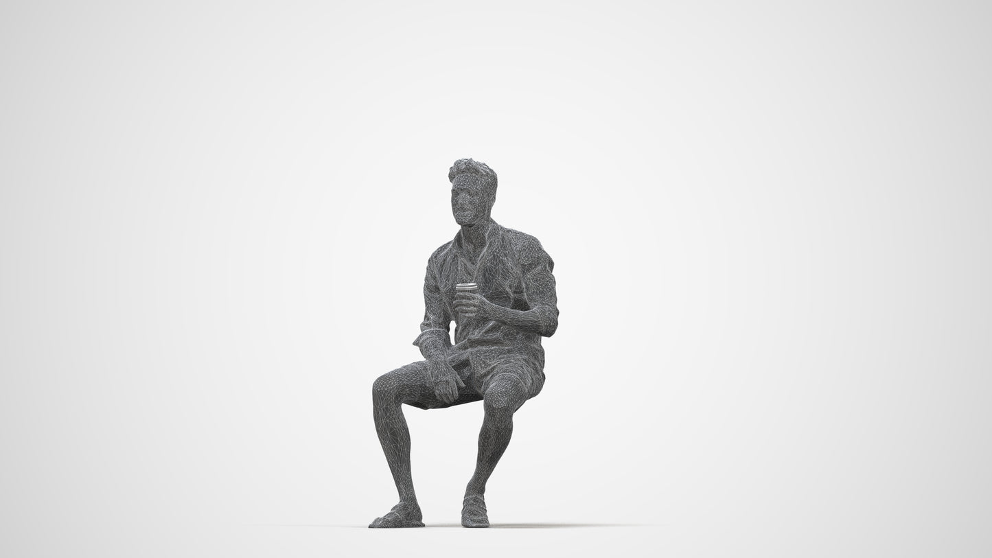 photogrammetry 3D man casual sitting, realistic human model archviz FBX, wireframe back view