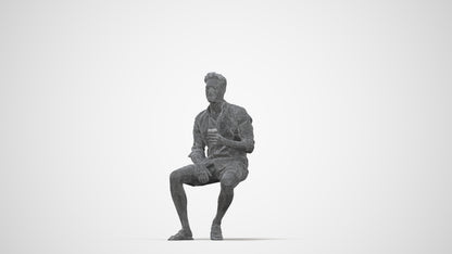 photogrammetry 3D man casual sitting, realistic human model archviz FBX, wireframe back view