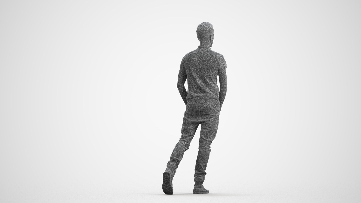 3D people model man casual walking, scanned human for 3ds Max rendering, wireframe front view
