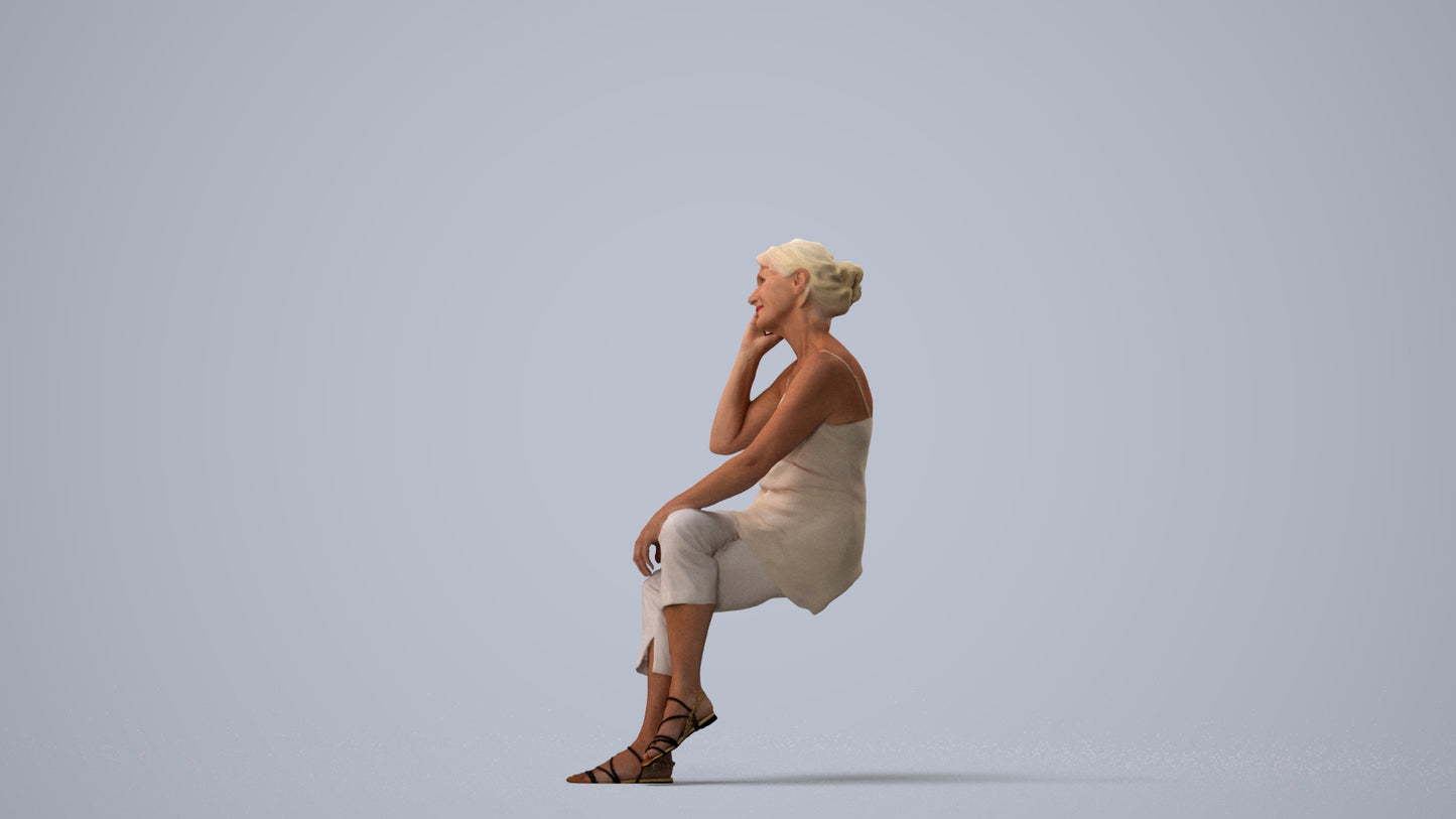 realistic 3D people senior woman casual sitting, render-ready for V-Ray and Corona, FBX OBJ, three-quarter view render