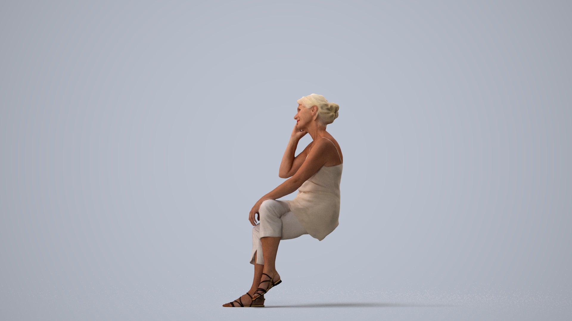 realistic 3D people senior woman casual sitting, render-ready for V-Ray and Corona, FBX OBJ, three-quarter view render
