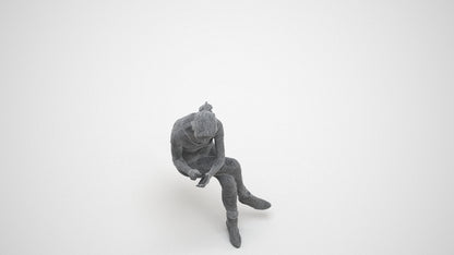 realistic 3D human senior woman casual sitting, archviz people FBX OBJ for Blender, wireframe three-quarter view