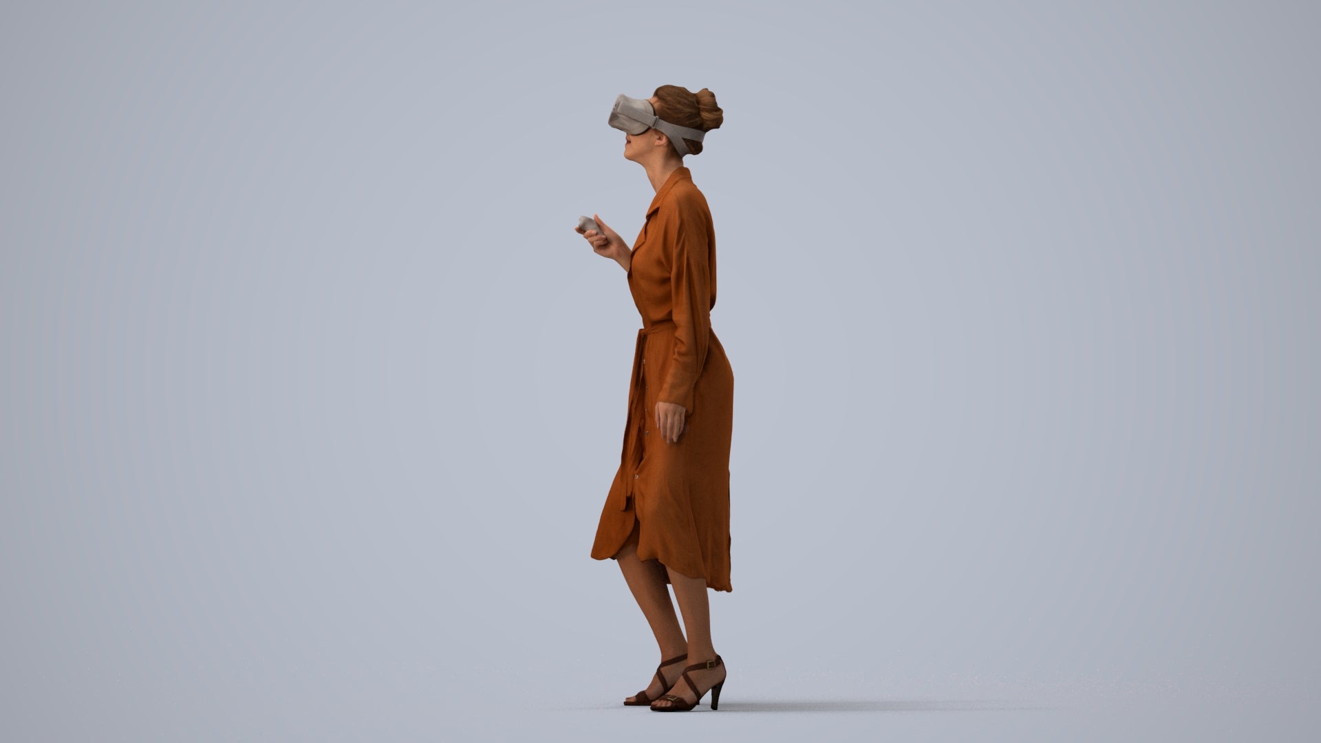3D human model woman casual standing, photogrammetry scanned person for archviz, three-quarter view render
