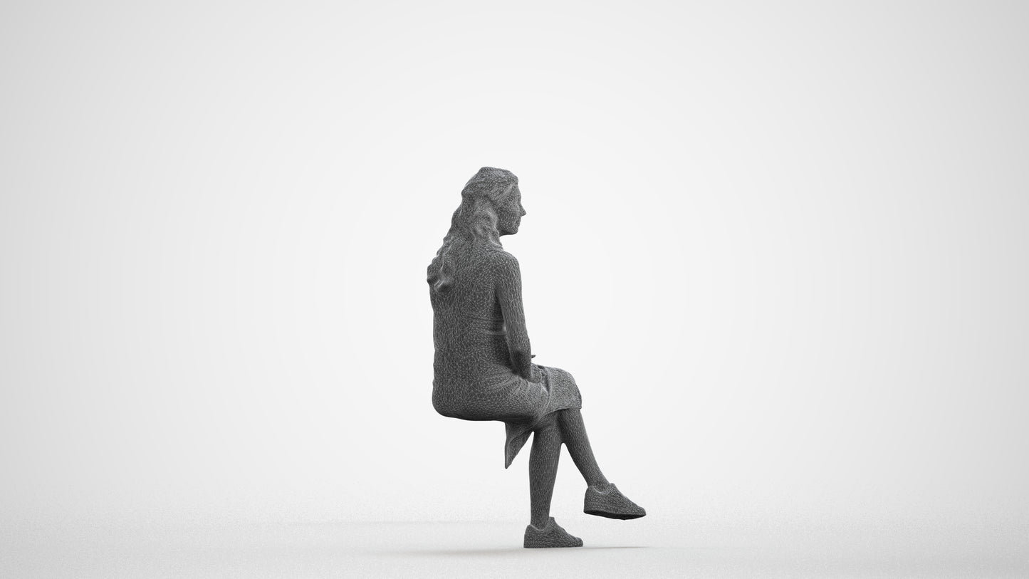 3D human model woman casual sitting, photogrammetry scanned person for archviz, wireframe front view