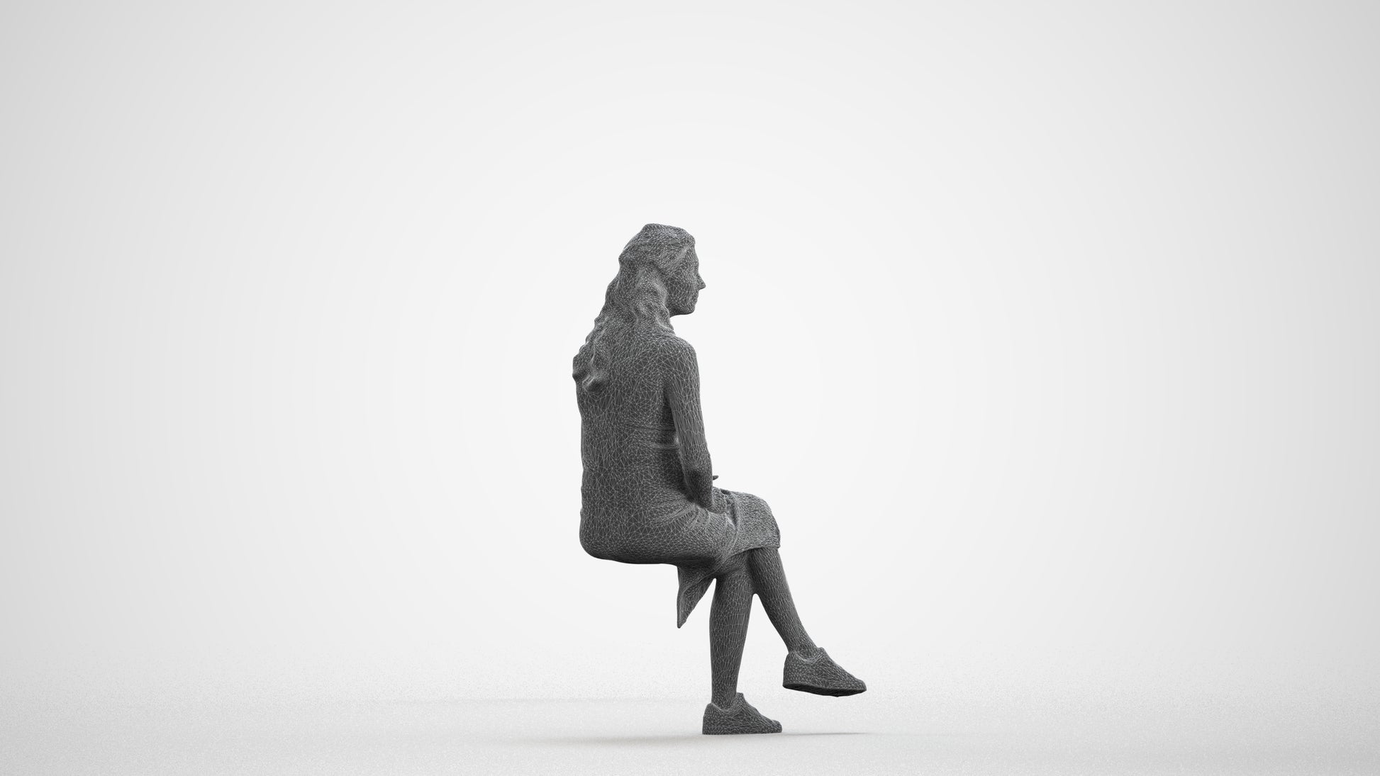 3D human model woman casual sitting, photogrammetry scanned person for archviz, wireframe front view