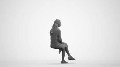3D human model woman casual sitting, photogrammetry scanned person for archviz, wireframe front view